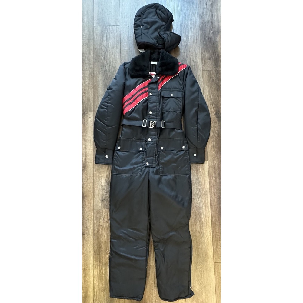 JCPenney Womens Vintage Snowmobile Suit Size Small Black/Red Fur Collar Snowsuit